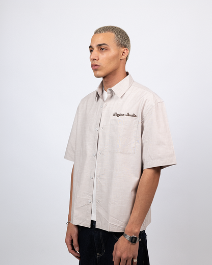 Short Sleeve Linen Shirt Boxy Fit - Sand Beige