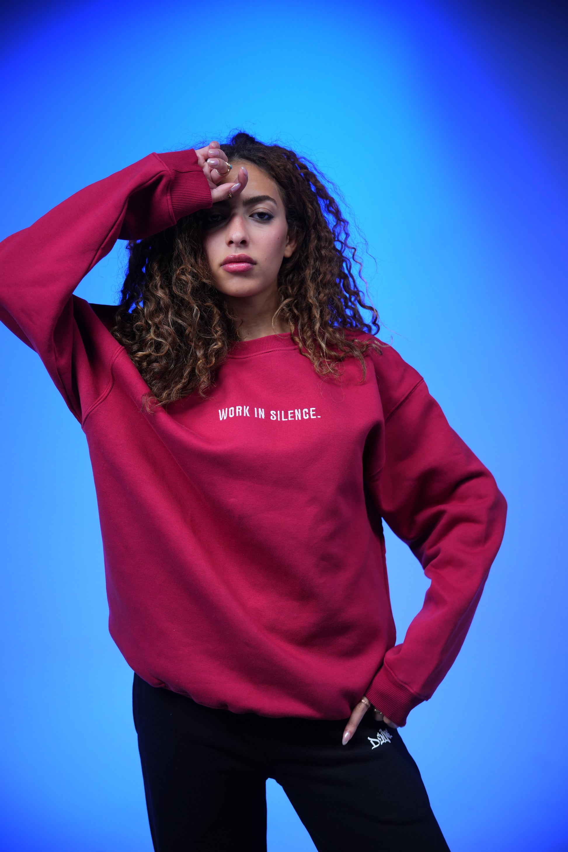 “WORK IS SILENCE” Embroidery Oversized Crewneck Sweatshirt - Denjoe