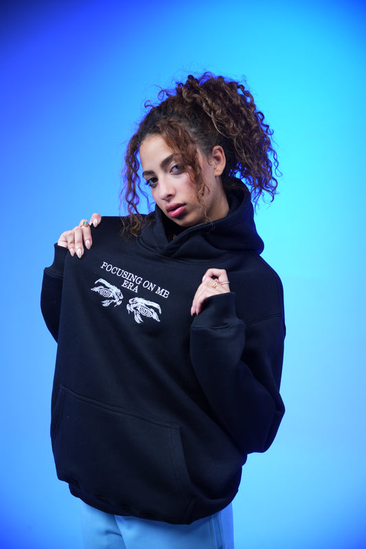 “FOCUSING ON ME ERA” Embroidery Oversized Hoodie Black - Denjoe