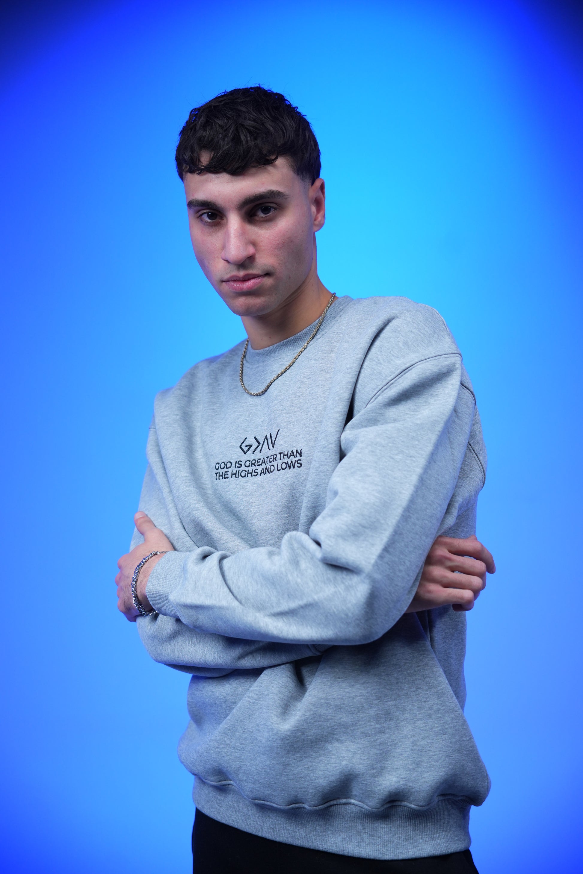 “GOD IS GREATER THAN THE HIGHS AND LOWS” Embroidery Oversized Crewneck Sweatshirt - Denjoe