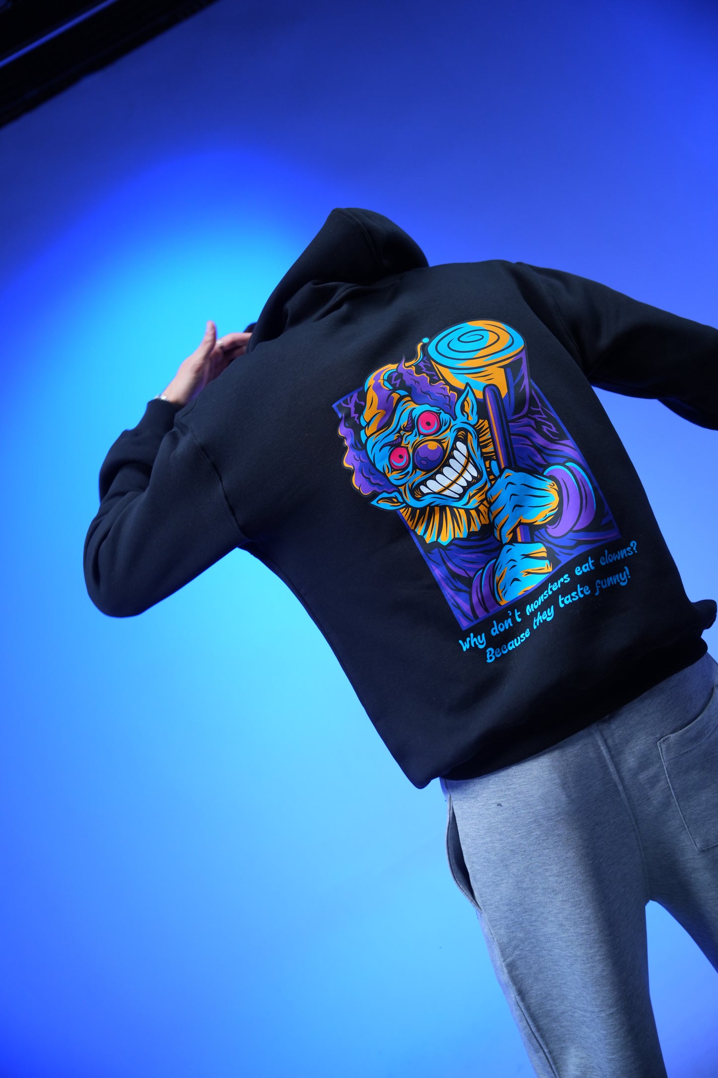 “What don’t monsters eat clowns Because they taste funny” Printed Oversized Hoodie Black - Denjoe