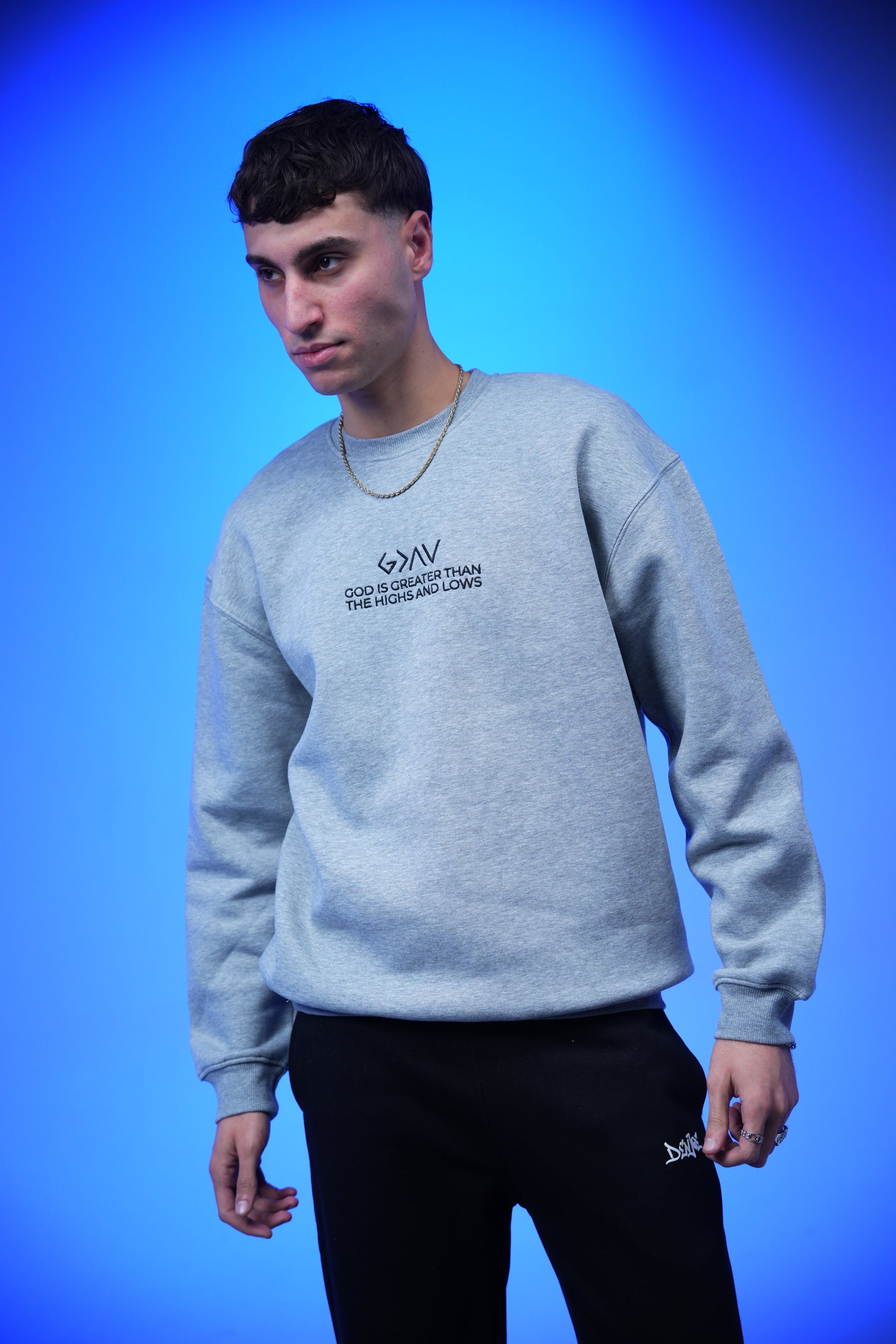 “GOD IS GREATER THAN THE HIGHS AND LOWS” Embroidery Oversized Crewneck Sweatshirt - Denjoe