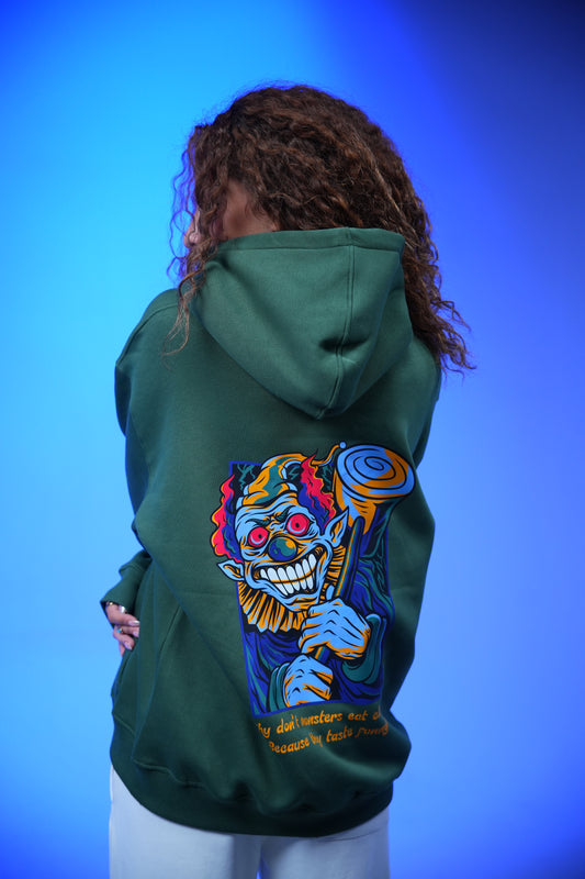 “What don’t monsters eat clowns Because they taste funny” Printed Oversized Hoodie Dark Green - Denjoe