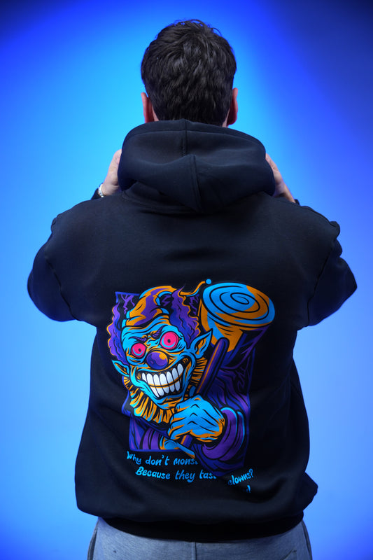 “What don’t monsters eat clowns Because they taste funny” Printed Oversized Hoodie Black - Denjoe