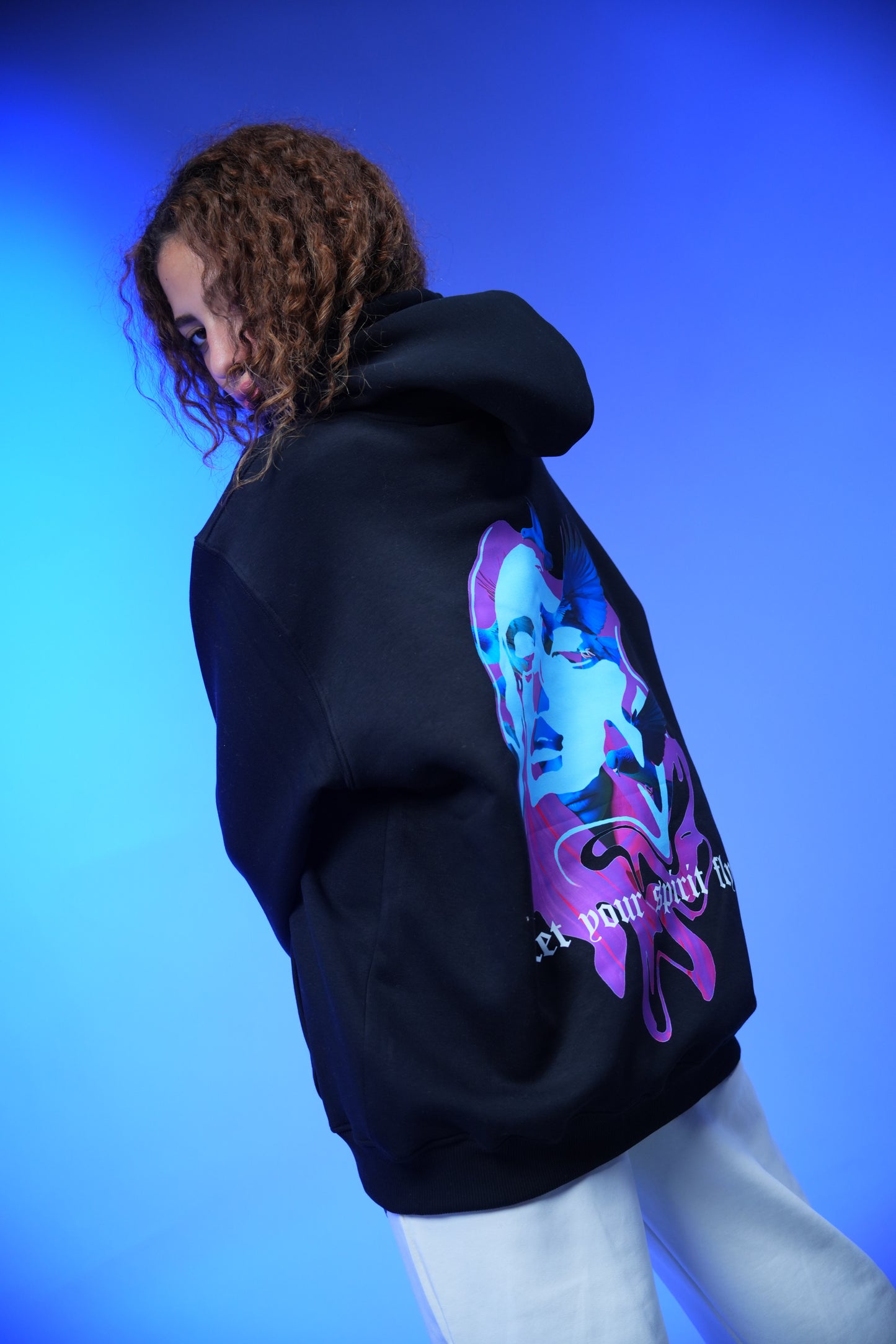 “Let your spirit fly” Printed Oversized Hoodie Black - Denjoe