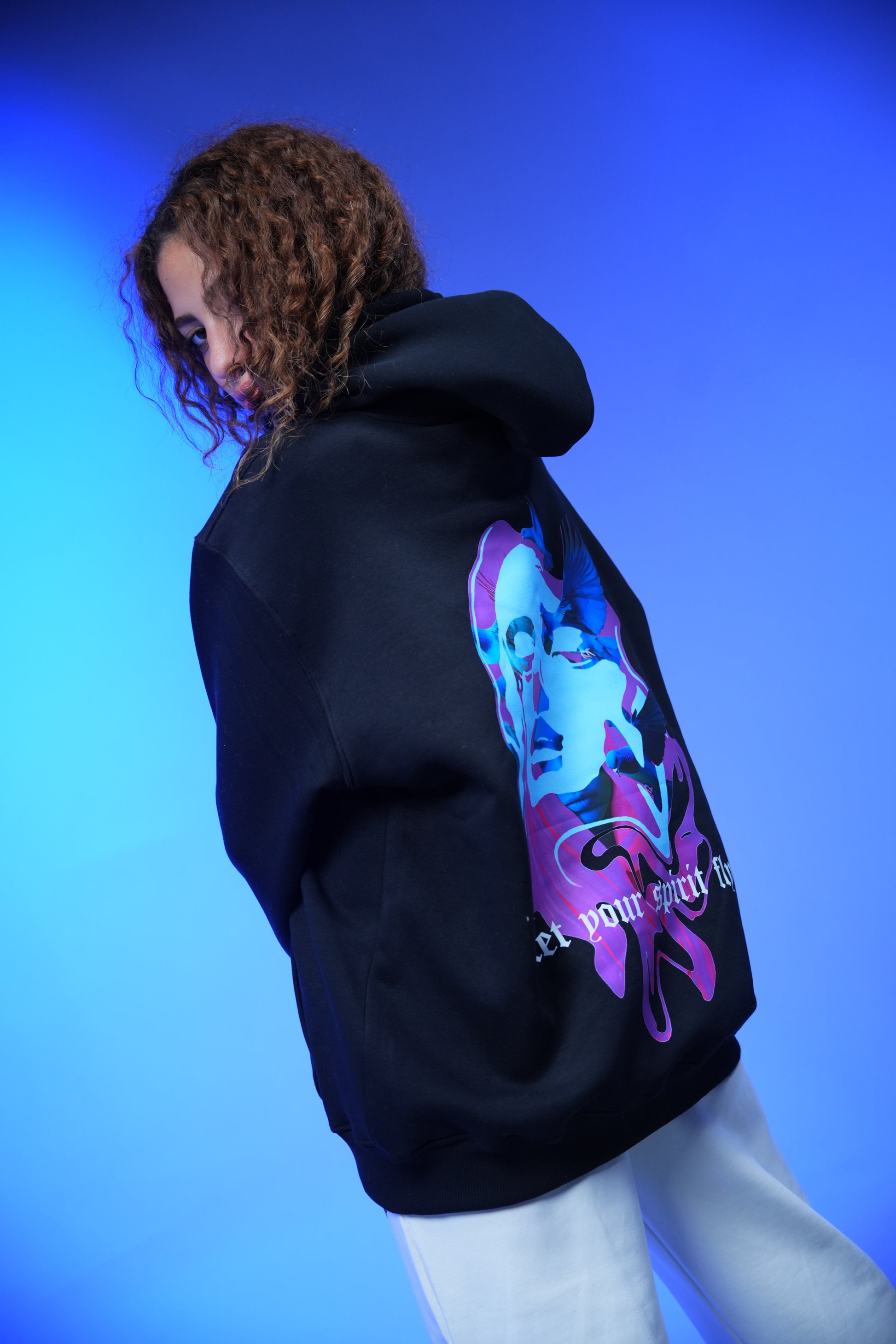 “Let your spirit fly” Printed Oversized Hoodie Black - Denjoe