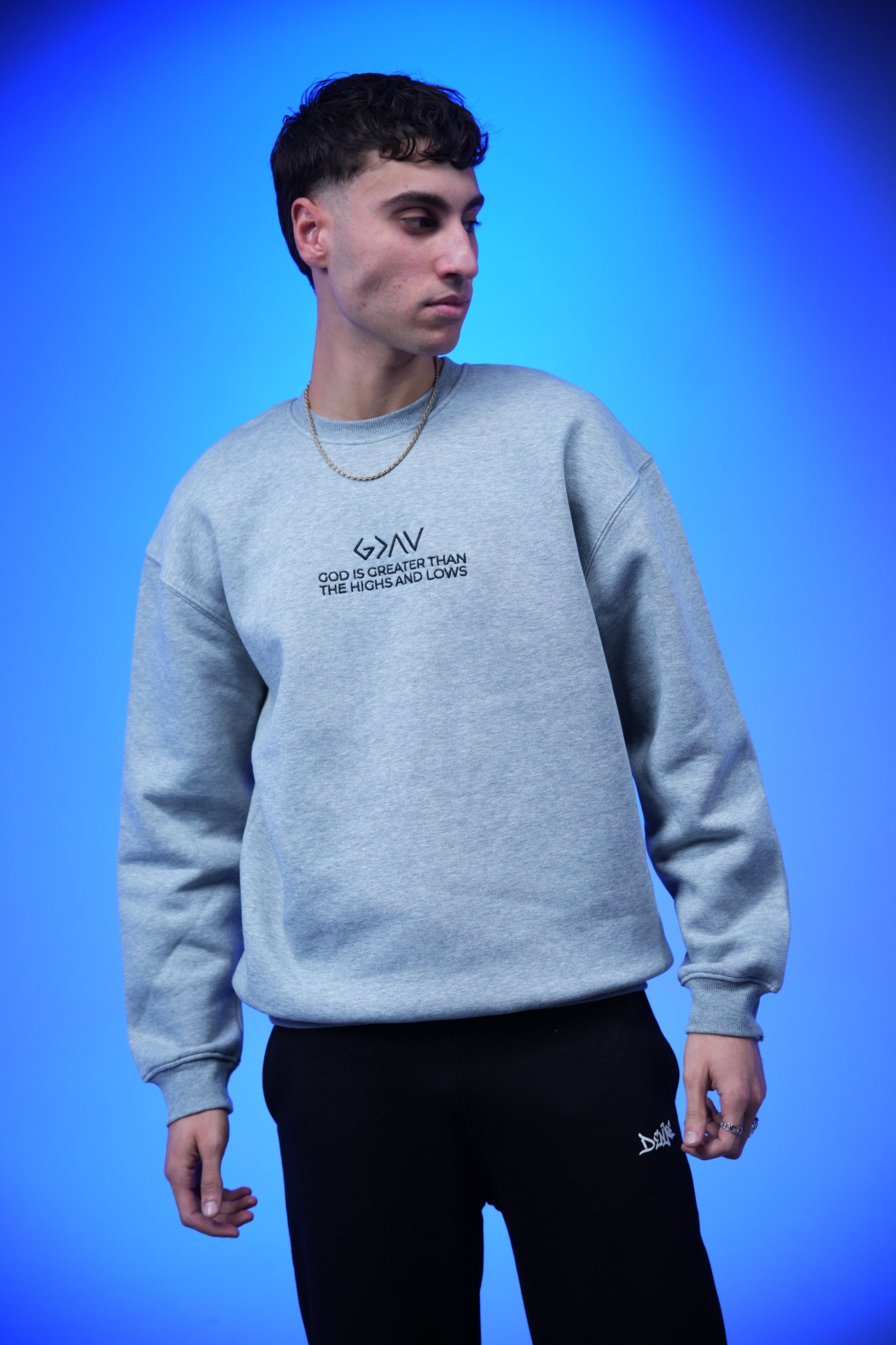 “GOD IS GREATER THAN THE HIGHS AND LOWS” Embroidery Oversized Crewneck Sweatshirt - Denjoe
