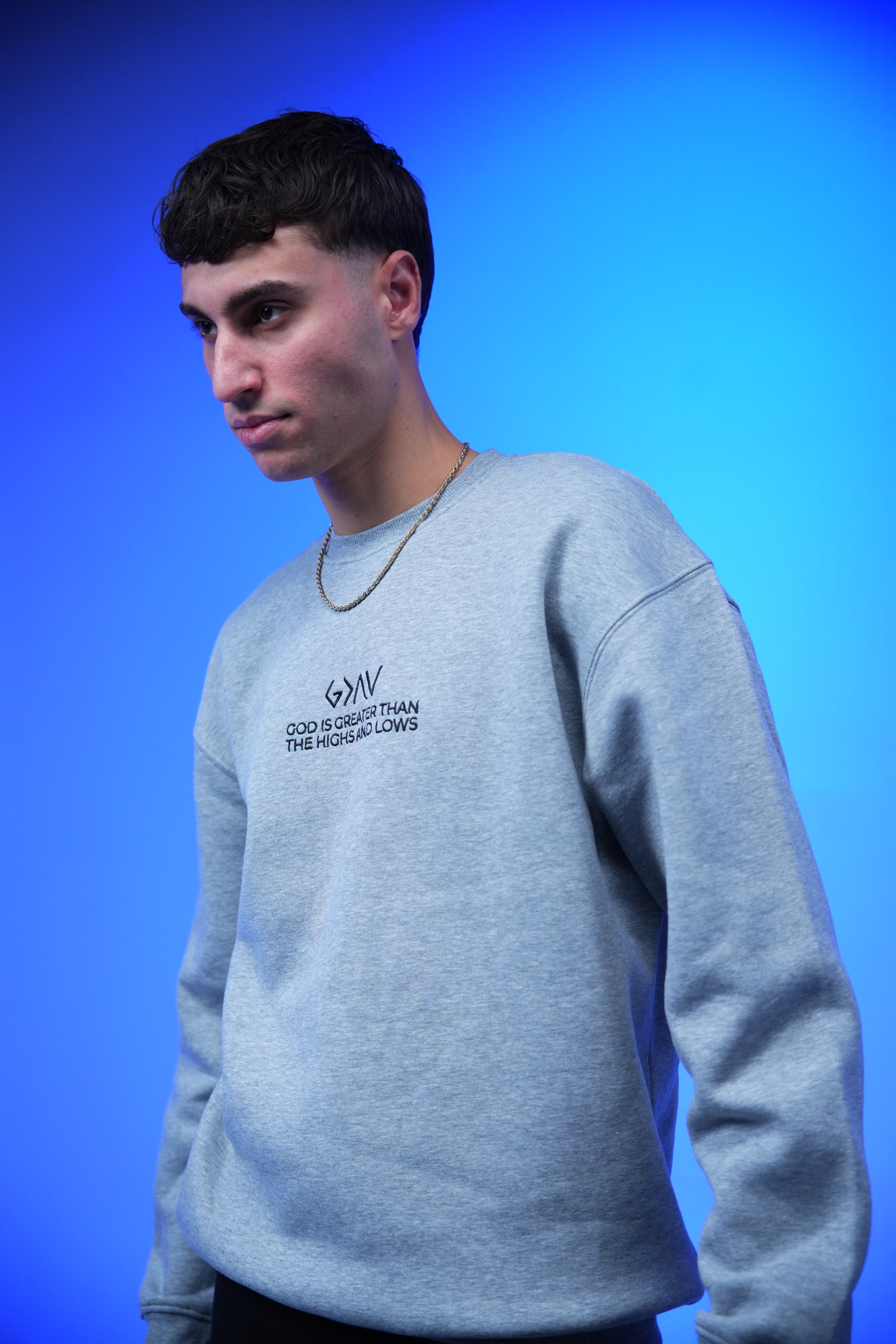 “GOD IS GREATER THAN THE HIGHS AND LOWS” Embroidery Oversized Crewneck Sweatshirt - Denjoe