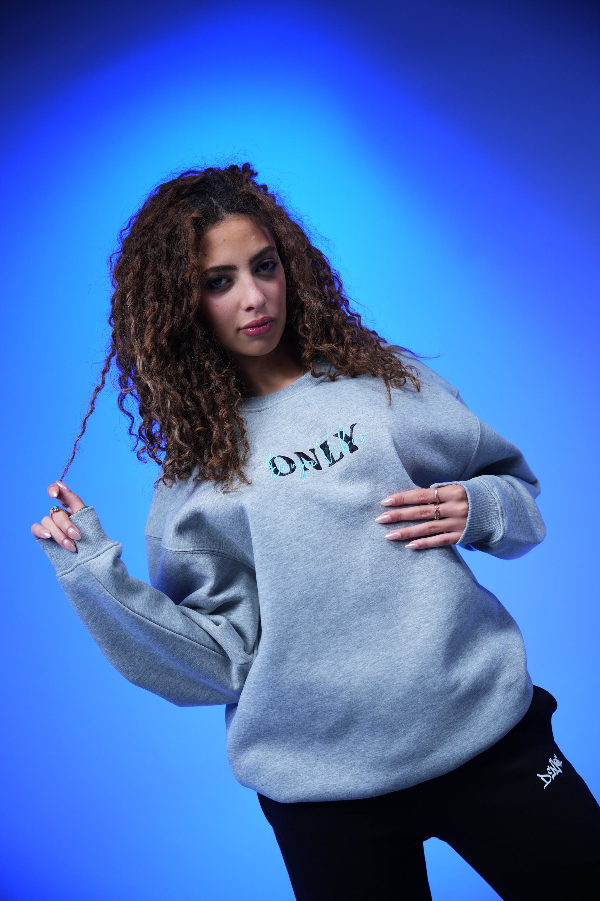 “ONLY” Embroidery Oversized Crewneck Sweatshirt Light Gray - Denjoe