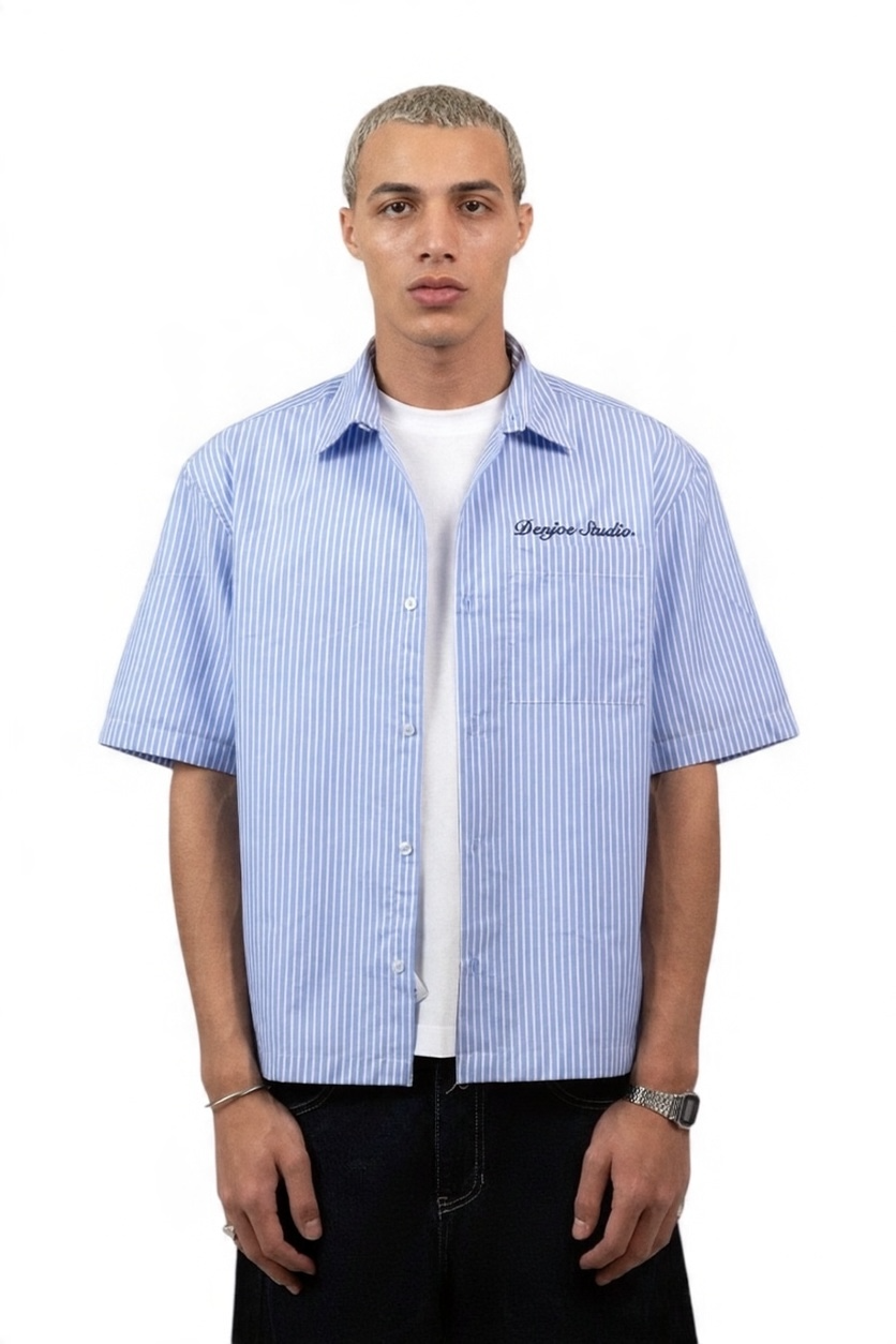 Short Sleeve Striped Shirt Boxy Fit - Skyline Blue