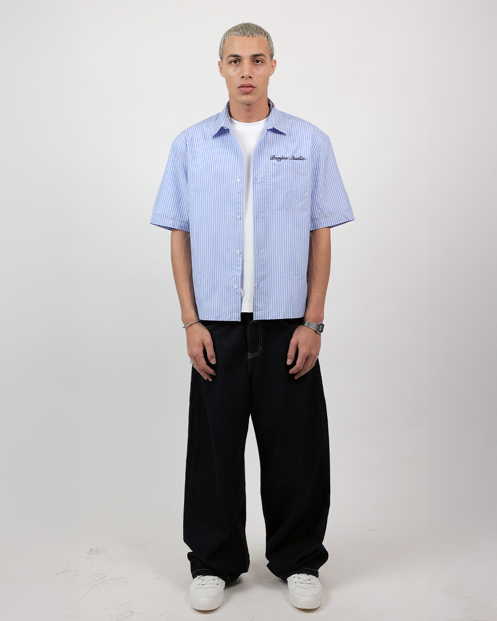 Short Sleeve Striped Shirt Boxy Fit - Skyline Blue