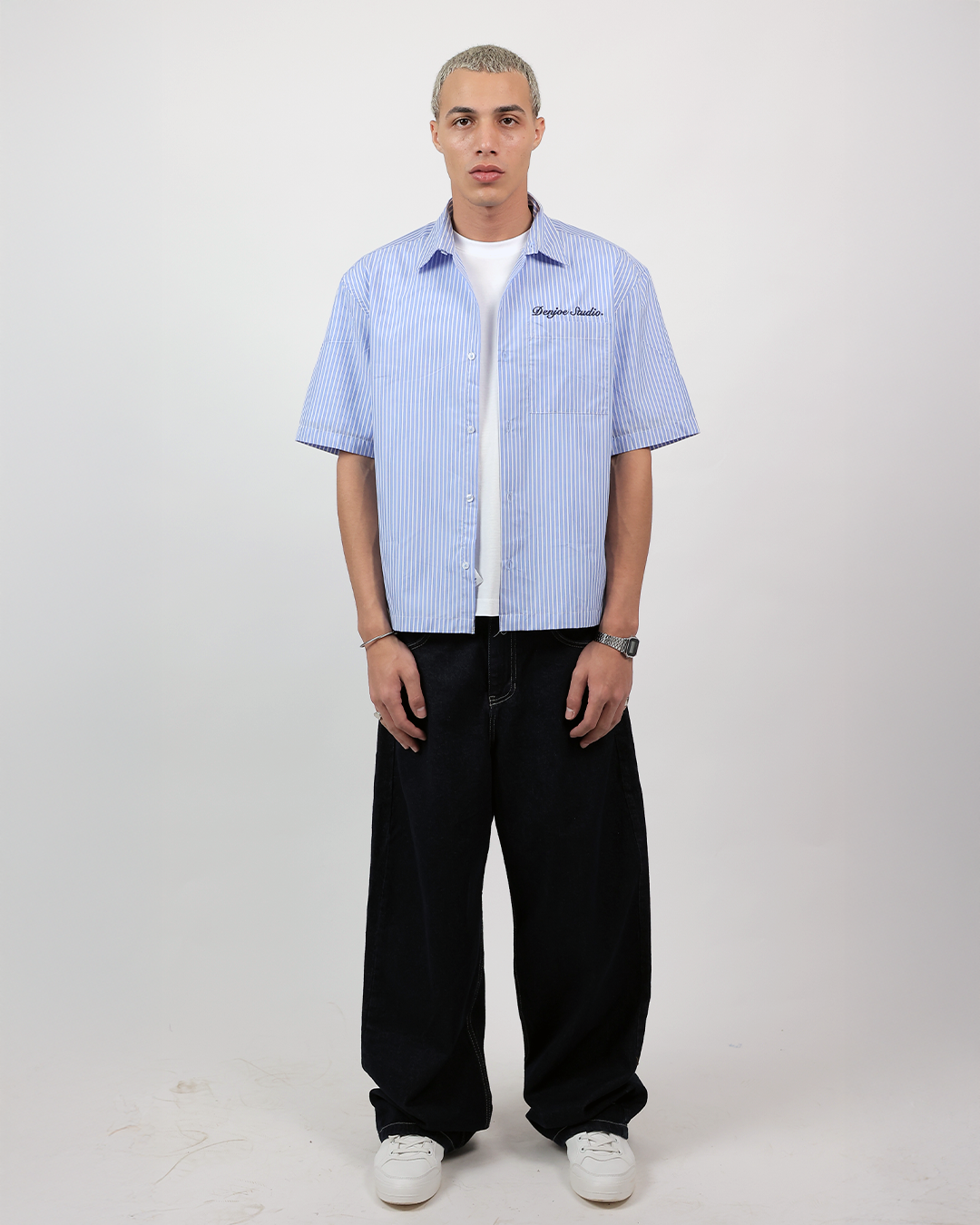 Short Sleeve Striped Shirt Boxy Fit - Skyline Blue