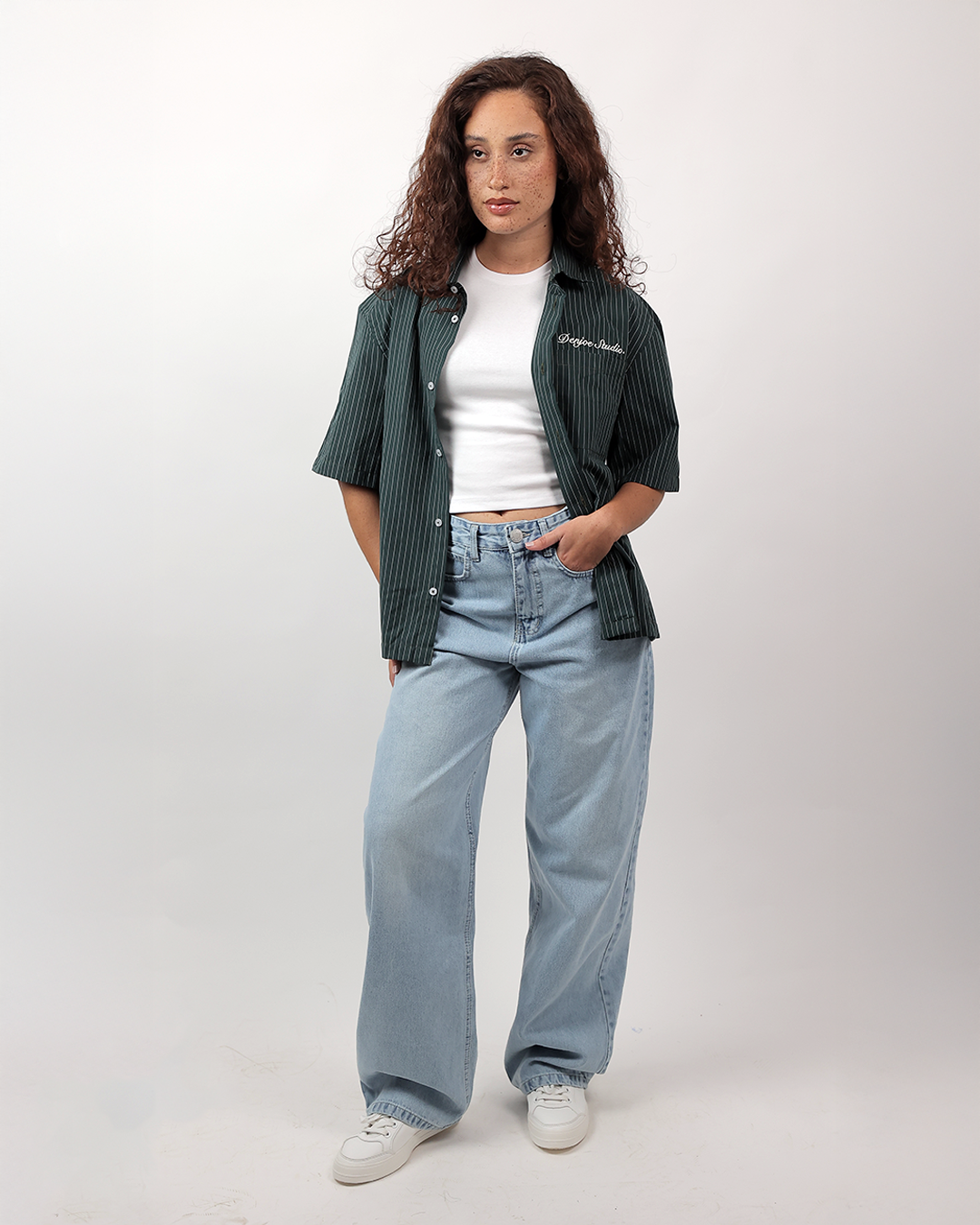 Short Sleeve Striped Shirt Boxy Fit - Forest Green