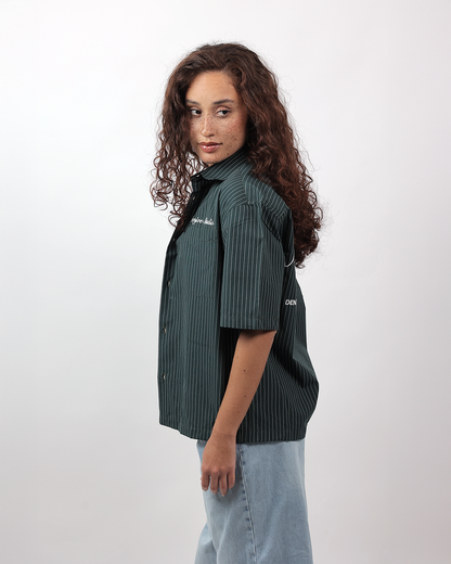 Short Sleeve Striped Shirt Boxy Fit - Forest Green