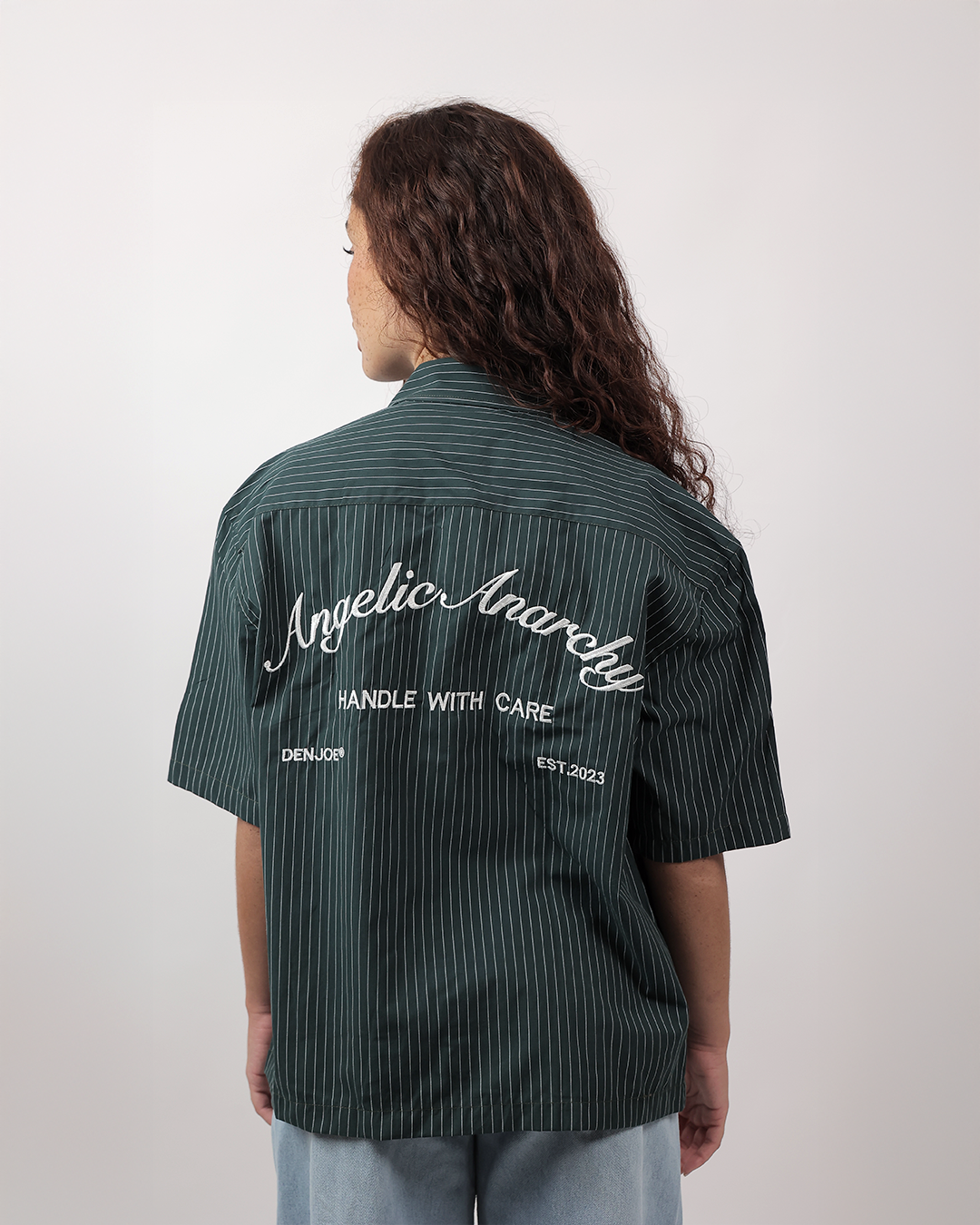 Short Sleeve Striped Shirt Boxy Fit - Forest Green