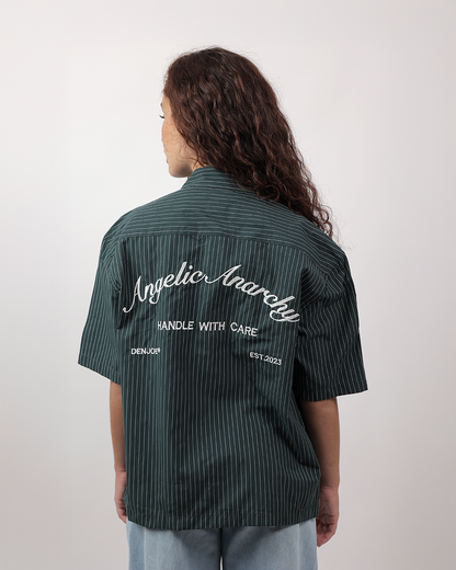 Short Sleeve Striped Shirt Boxy Fit - Forest Green