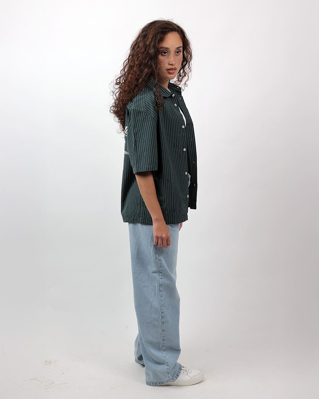 Short Sleeve Striped Shirt Boxy Fit - Forest Green