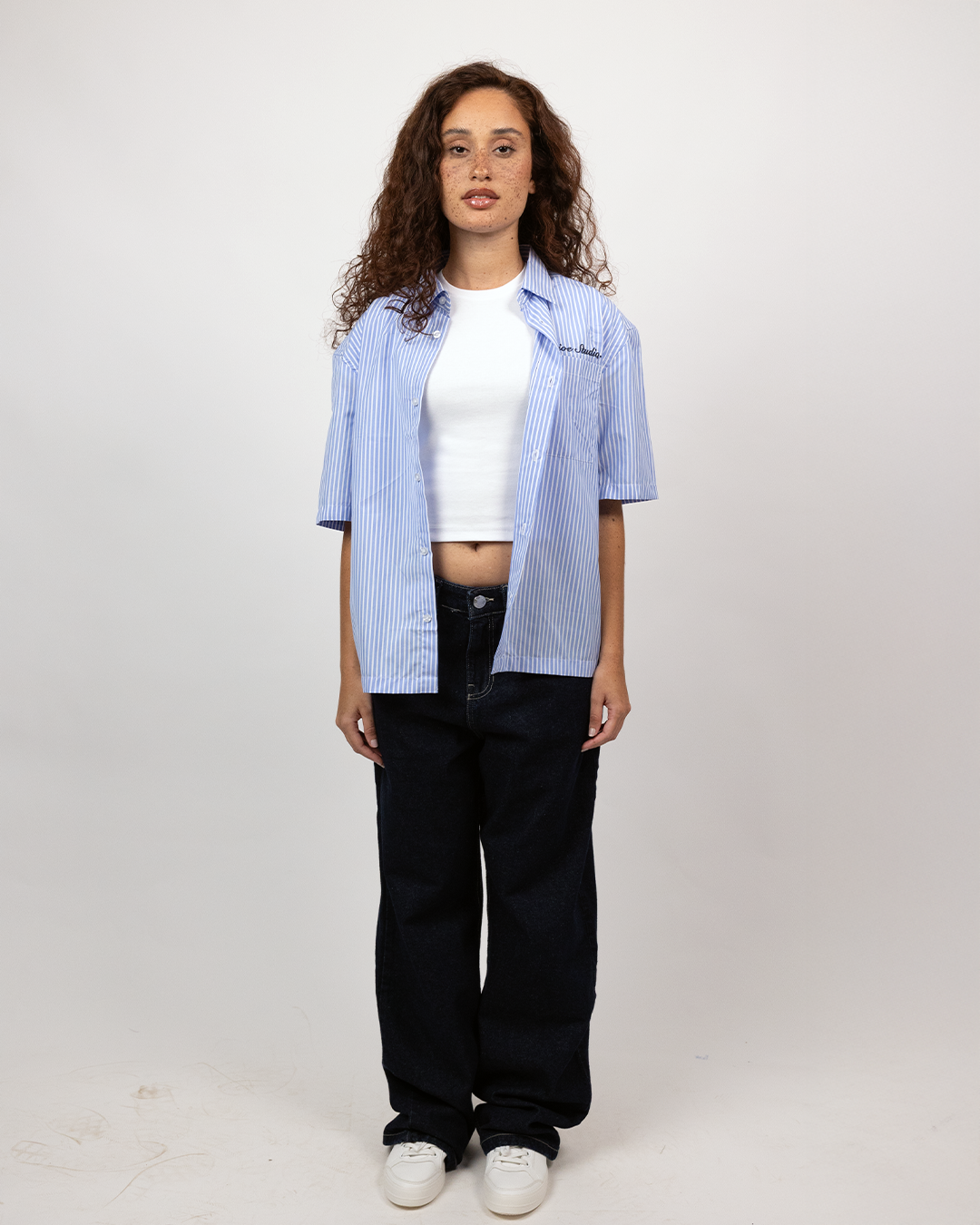 Short Sleeve Striped Shirt Boxy Fit - Skyline Blue