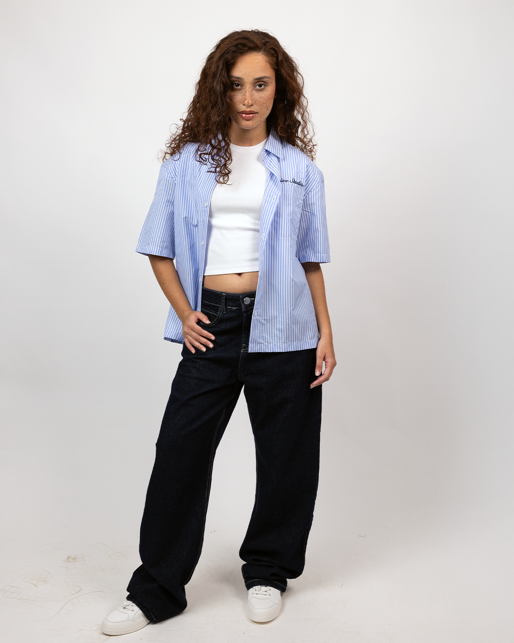 Short Sleeve Striped Shirt Boxy Fit - Skyline Blue