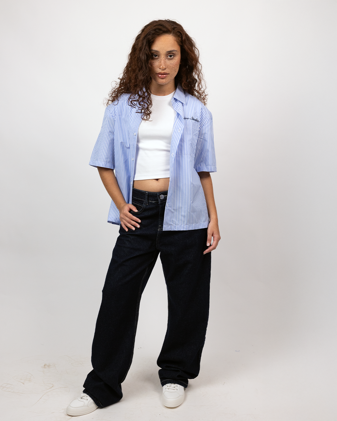 Short Sleeve Striped Shirt Boxy Fit - Skyline Blue