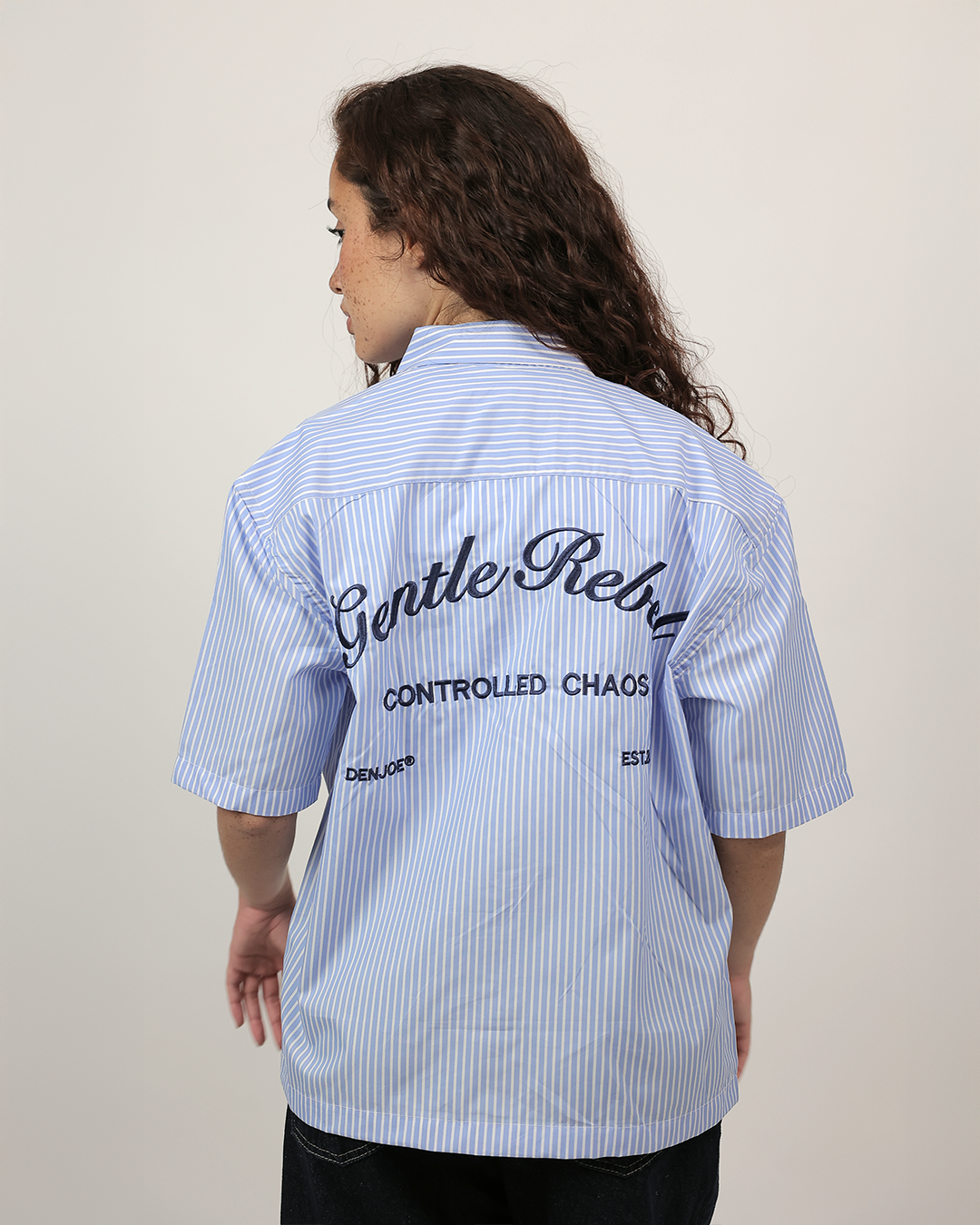 Short Sleeve Striped Shirt Boxy Fit - Skyline Blue