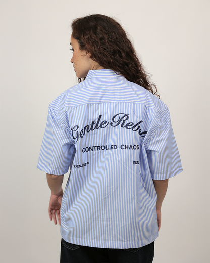 Short Sleeve Striped Shirt Boxy Fit - Skyline Blue