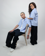 Short Sleeve Striped Shirt Boxy Fit - Skyline Blue