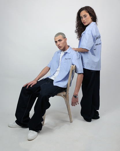 Short Sleeve Striped Shirt Boxy Fit - Skyline Blue