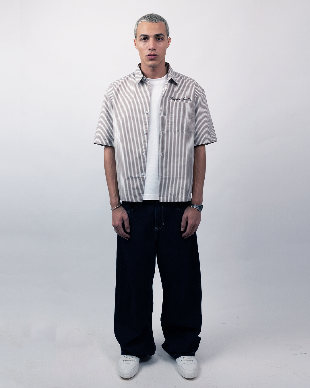 Short Sleeve Striped Shirt Boxy Fit - Beige