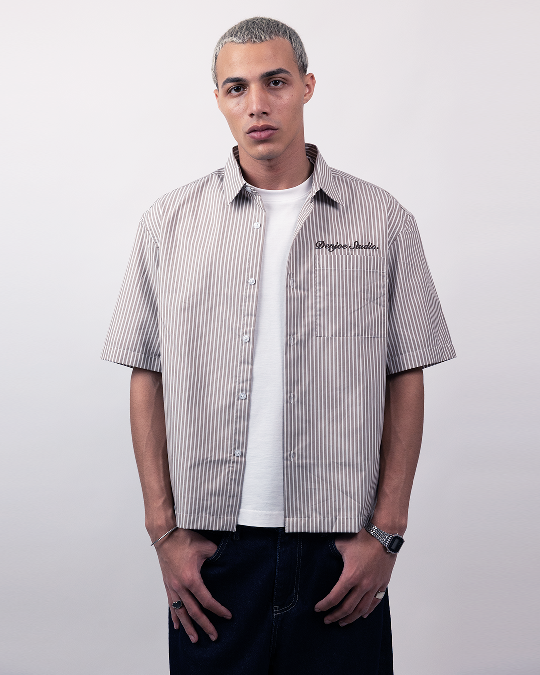 Short Sleeve Striped Shirt Boxy Fit - Beige