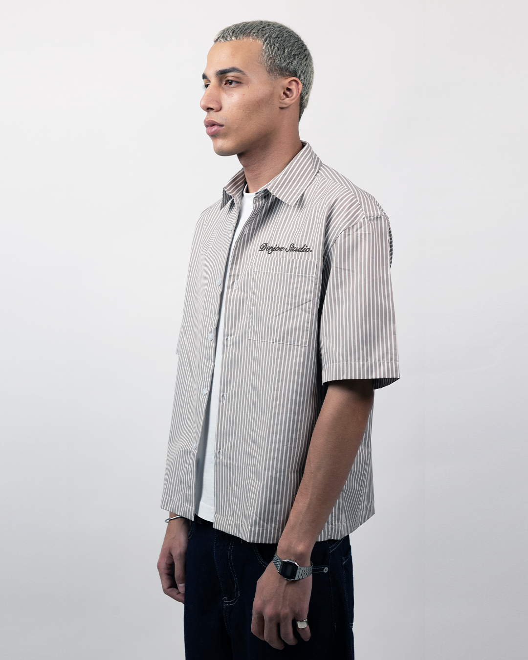 Short Sleeve Striped Shirt Boxy Fit - Beige