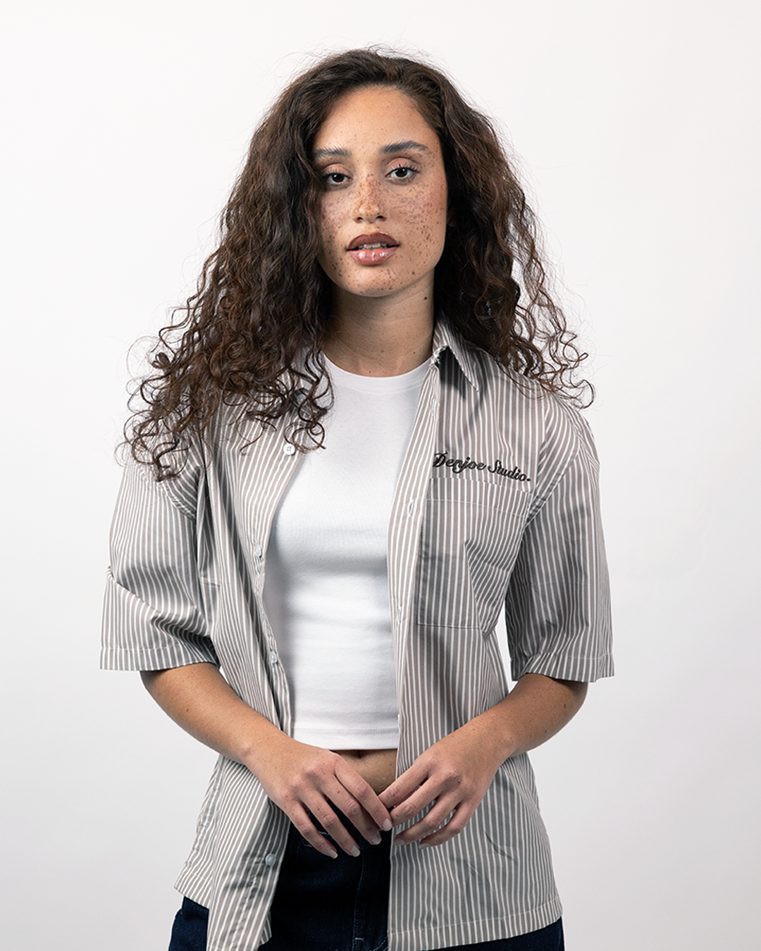 Short Sleeve Striped Shirt Boxy Fit - Beige