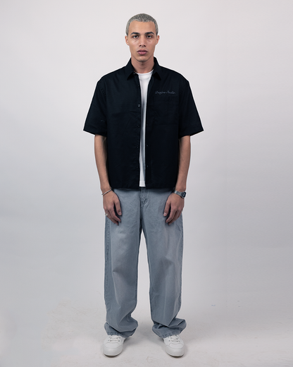 Short Sleeve Linen Shirt Boxy Fit - Onyx Black