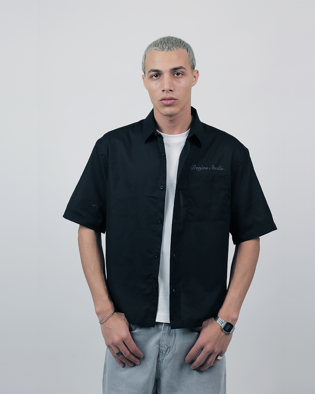 Short Sleeve Linen Shirt Boxy Fit - Onyx Black