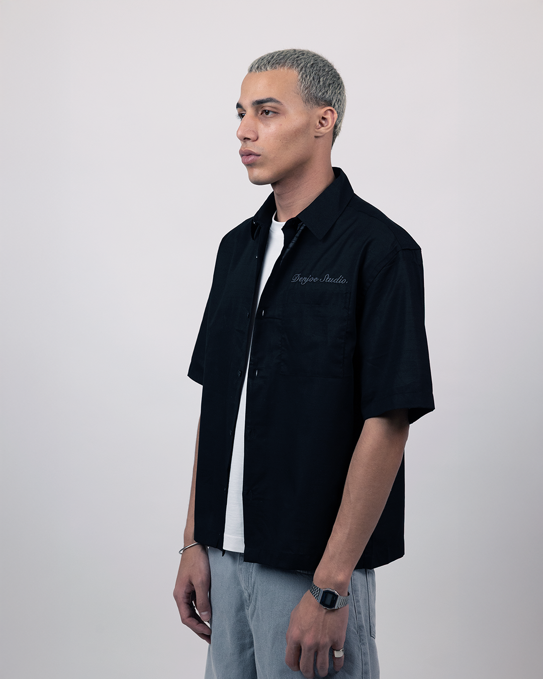 Short Sleeve Linen Shirt Boxy Fit - Onyx Black