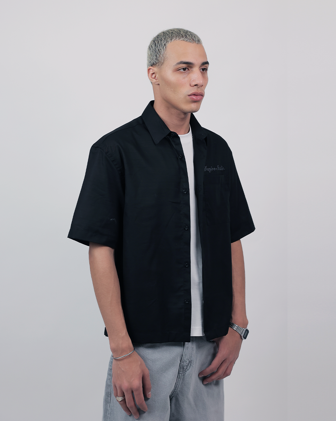 Short Sleeve Linen Shirt Boxy Fit - Onyx Black
