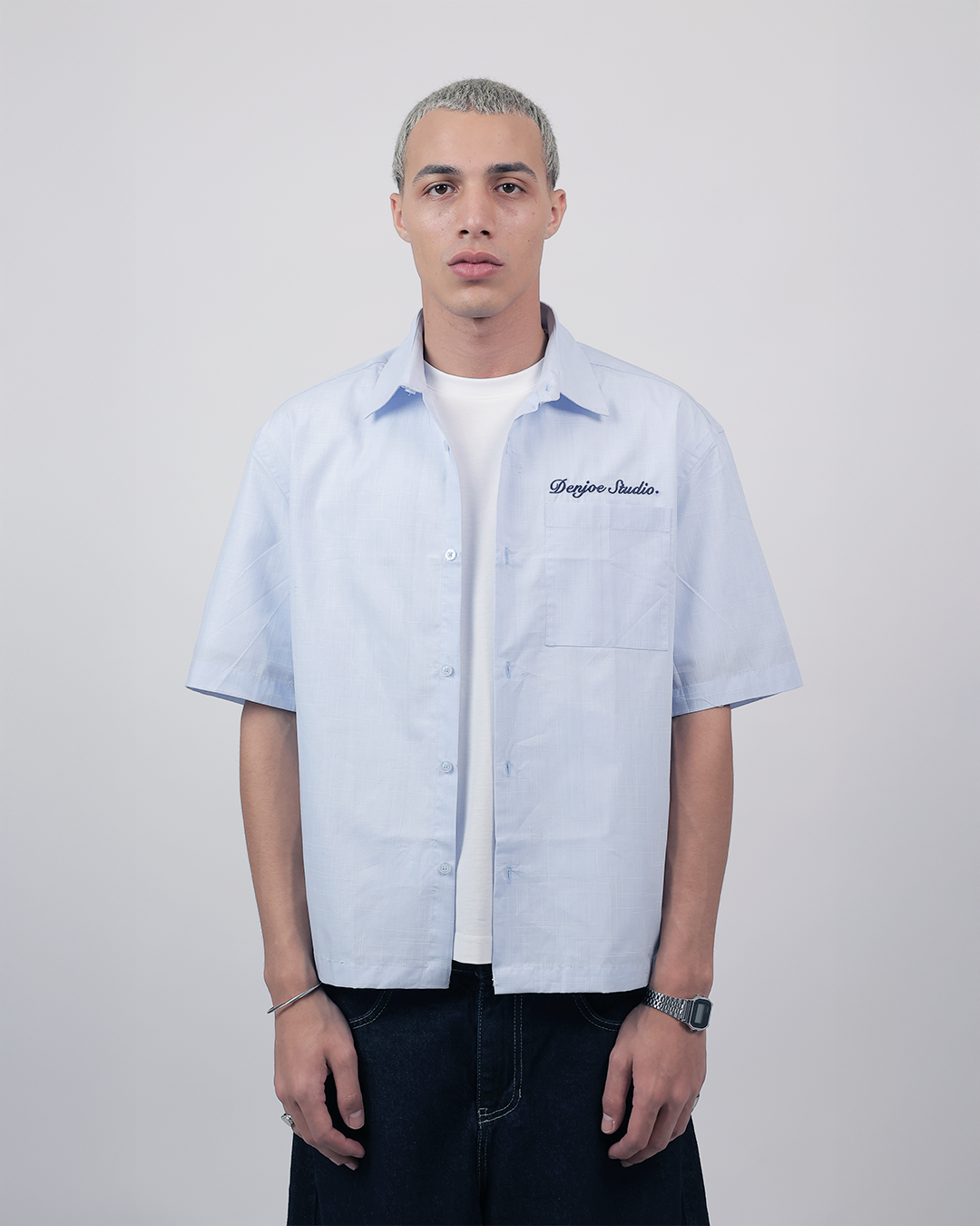 Short Sleeve Linen Shirt Boxy Fit - Sky Blue