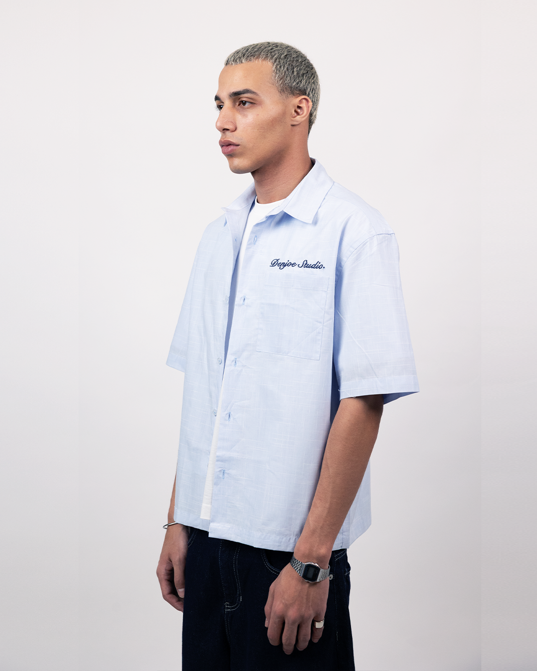 Short Sleeve Linen Shirt Boxy Fit - Sky Blue