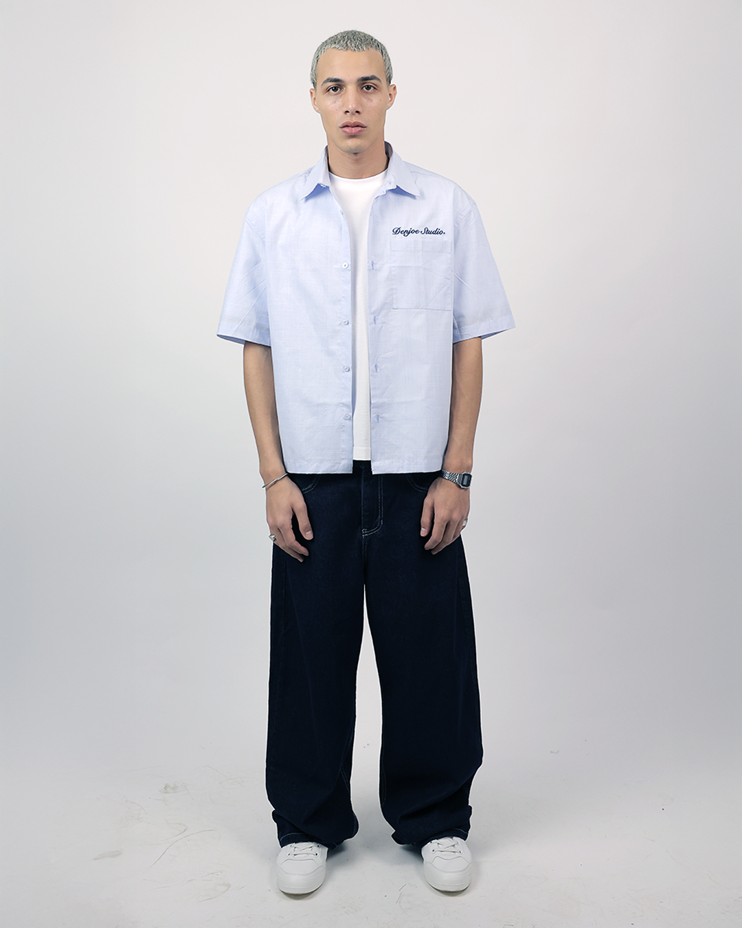 Short Sleeve Linen Shirt Boxy Fit - Sky Blue