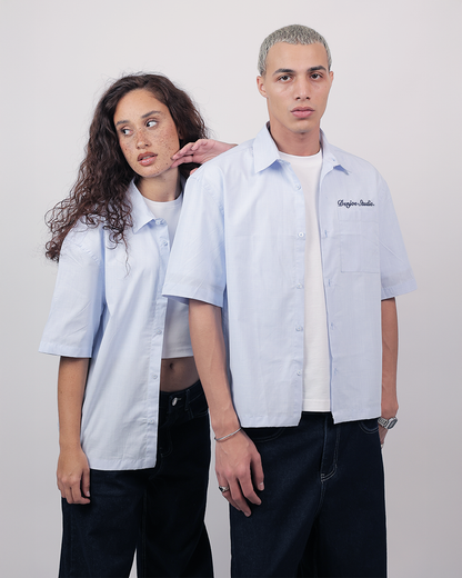 Short Sleeve Linen Shirt Boxy Fit - Sky Blue