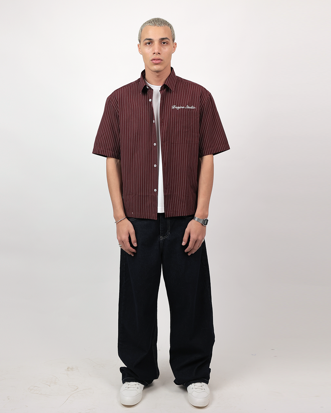 Short Sleeve Striped Shirt Boxy Fit - Burgundy