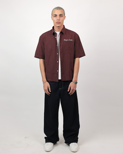 Short Sleeve Striped Shirt Boxy Fit - Burgundy
