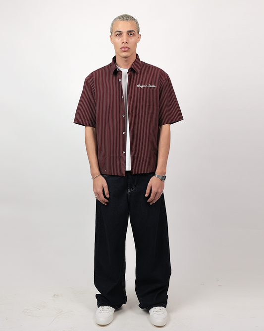 Short Sleeve Striped Shirt Boxy Fit - Burgundy