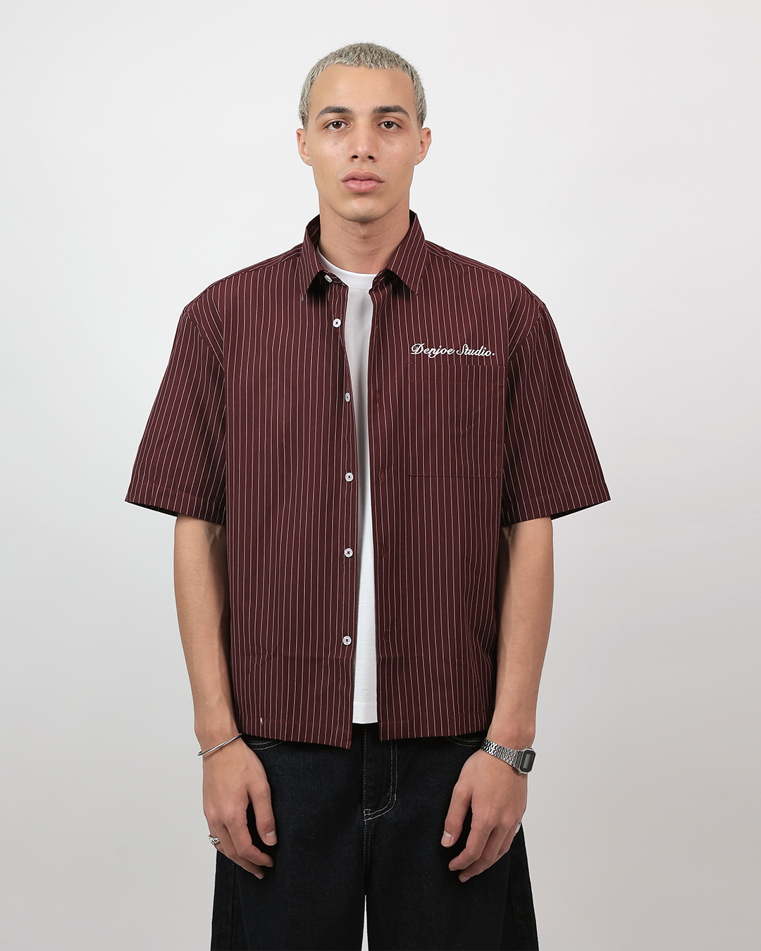 Short Sleeve Striped Shirt Boxy Fit - Burgundy