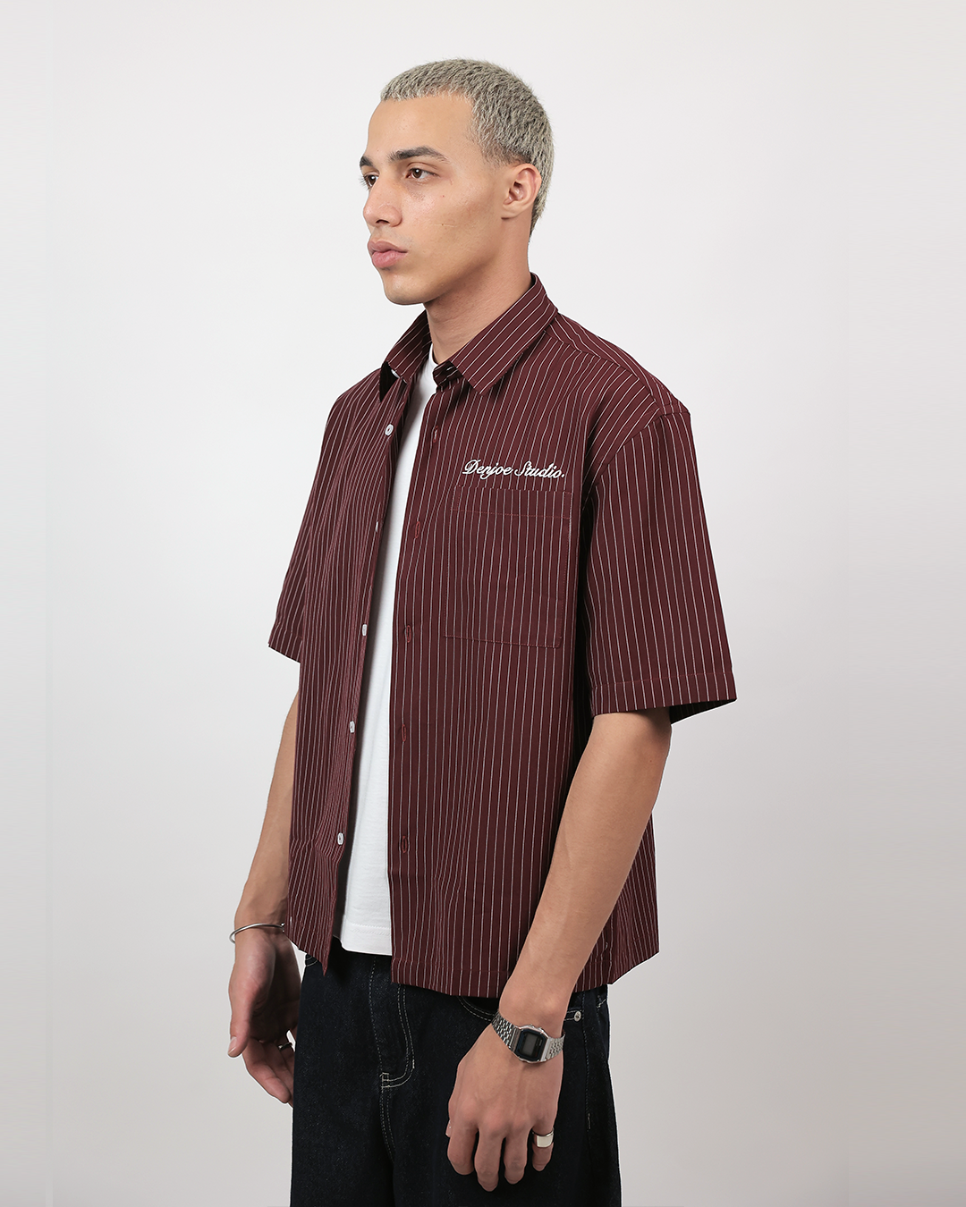 Short Sleeve Striped Shirt Boxy Fit - Burgundy