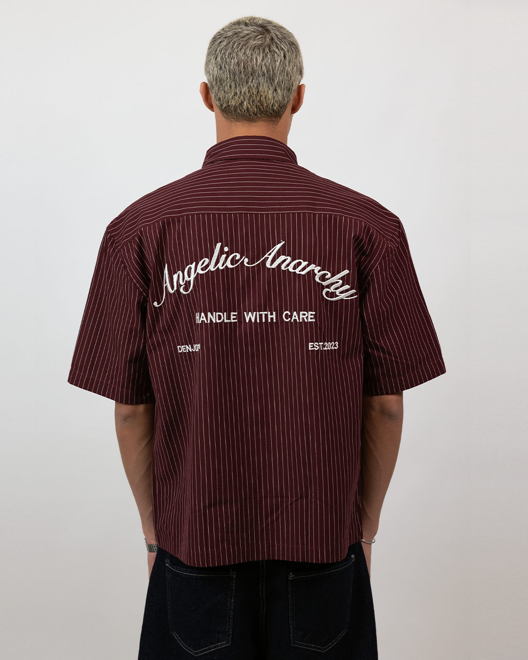 Short Sleeve Striped Shirt Boxy Fit - Burgundy