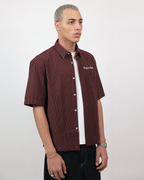 Short Sleeve Striped Shirt Boxy Fit - Burgundy