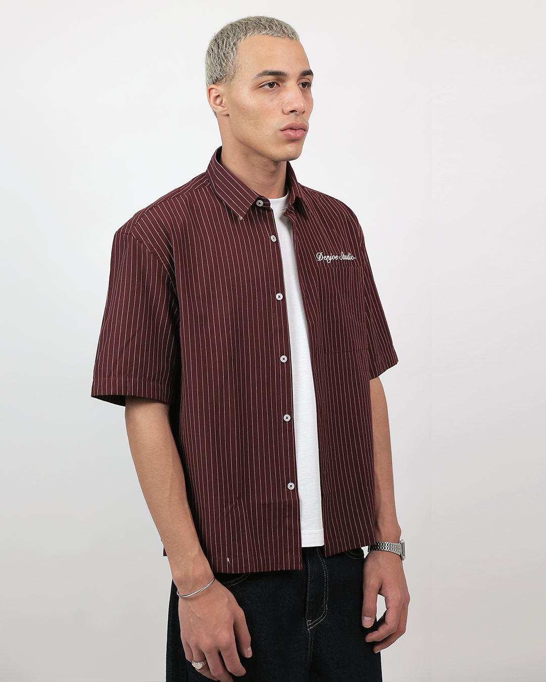Short Sleeve Striped Shirt Boxy Fit - Burgundy