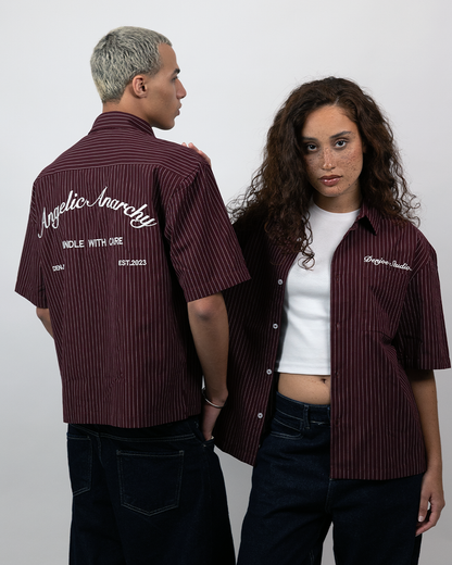 Short Sleeve Striped Shirt Boxy Fit - Burgundy