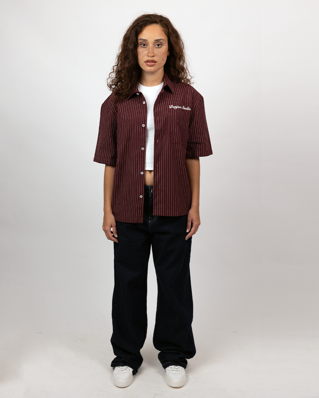 Short Sleeve Striped Shirt Boxy Fit - Burgundy